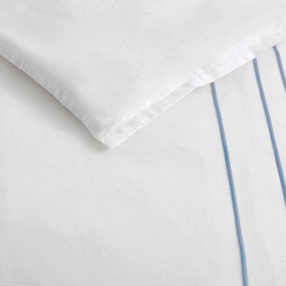 White Cotton Queen Duvet Cover Set with Blue Embroidery
