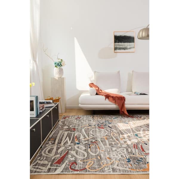 Sportsglyphs 6 X 6 Gray Abstract Washable Area Rug
