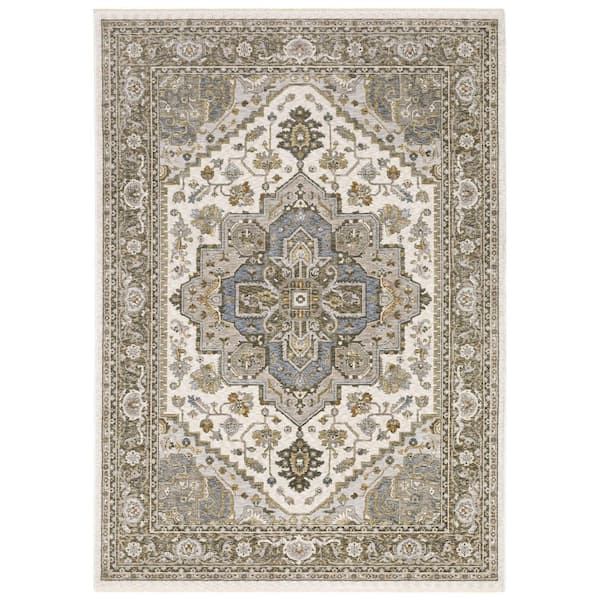 7 ft. x 10 ft. Ivory And Gold Medallion Distressed with Fringe Area Rug