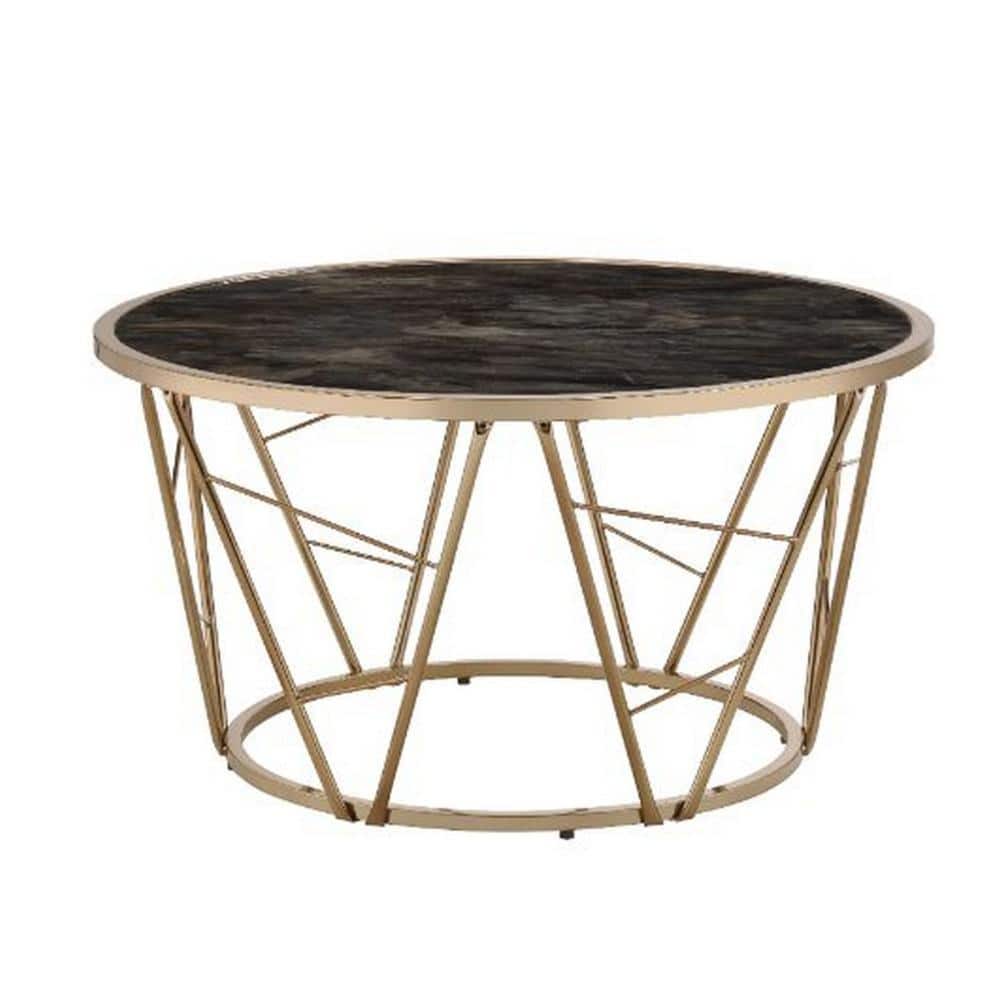 Benjara 33 in. Black and Gold Round Glass Coffee Table with Geometric