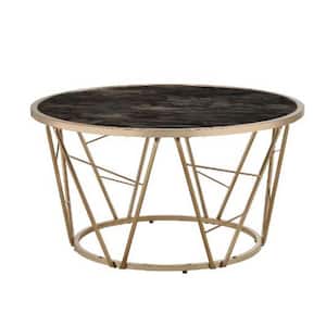 33 in. Black and Gold Round Glass Coffee Table with Geometric Frame