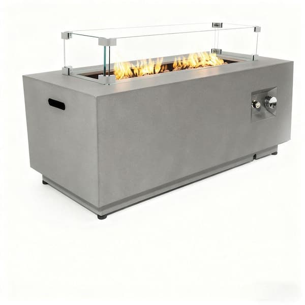 Patio Gray Rectangular Steel Outdoor Fire Pit Table 13 in. Height with 50,000 BTU and Glass Wind Guard