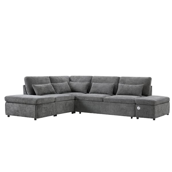 Luxury Collection 107 in. Chenille Grey Twin Size Modular Sofa Bed with Storage Ottoman and Charging Station