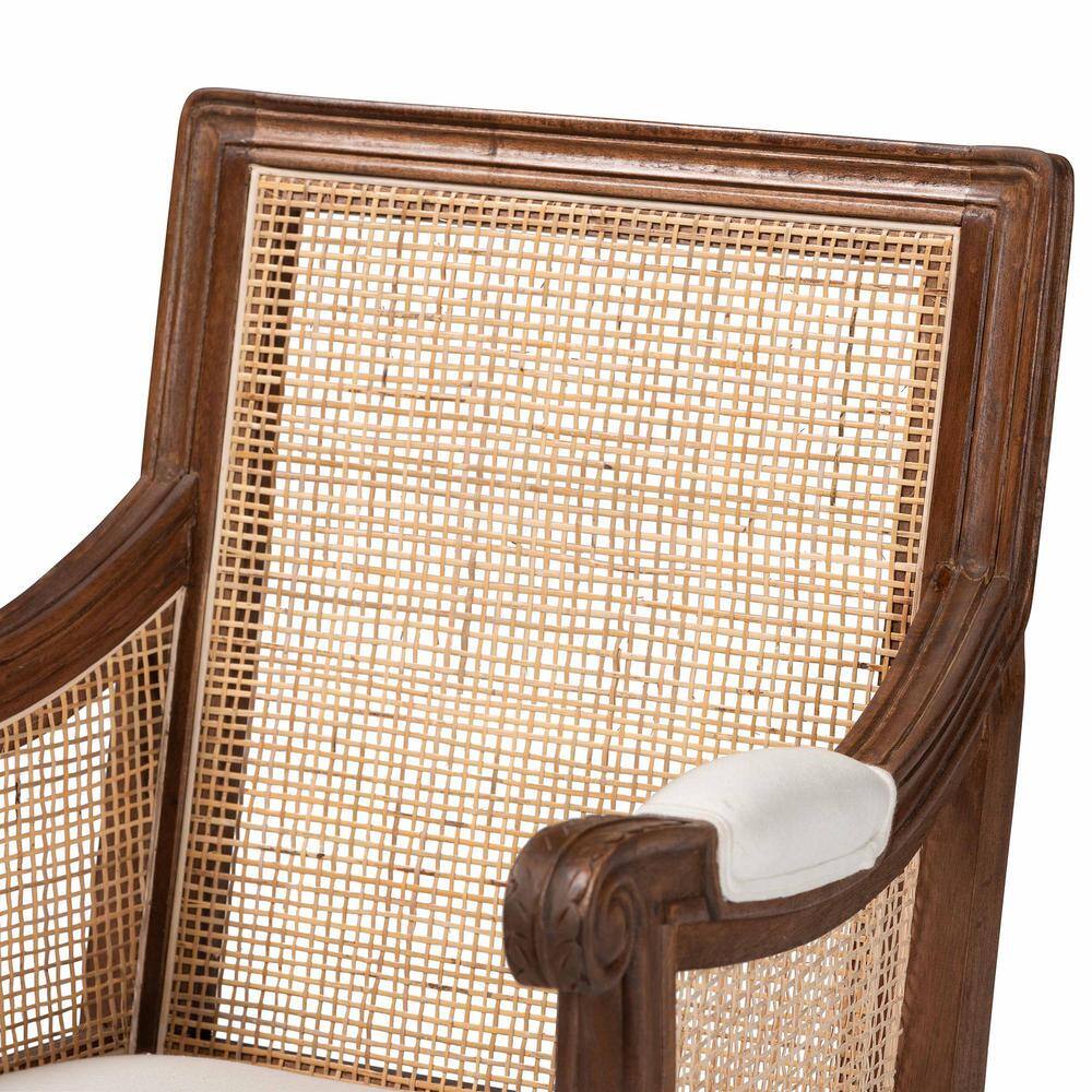 Beige Fabric and Walnut Wood Swoop Arm Accent Chair