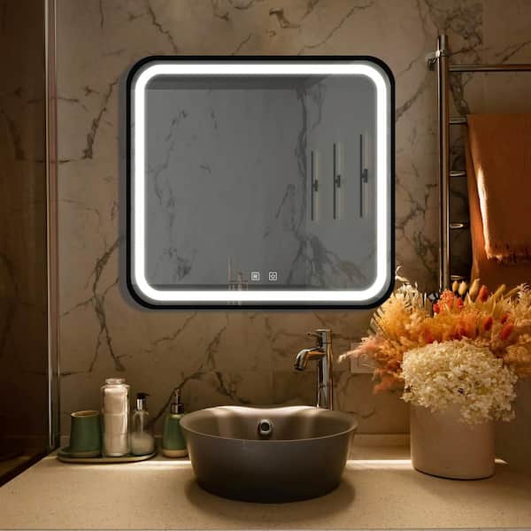 32 in. W x 32 in. H Square Bathroom Led Framed Vanity Mirror with ,Dimmable Touch,Waterproof,Anti-Fog