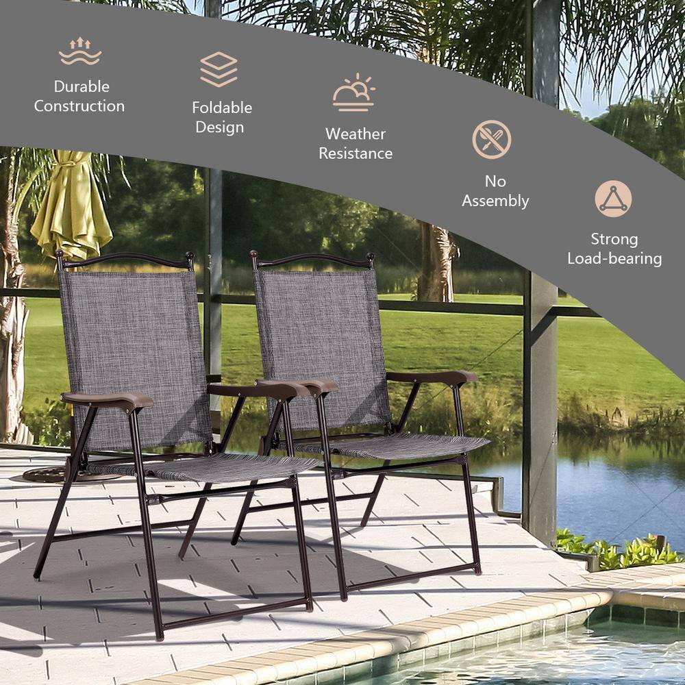 Gray Steel Frame Folding Camping Chairs with Arms, Set of 2