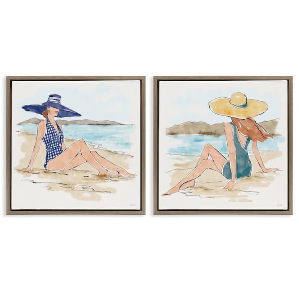 Stupell Industries Bathing Beauties on Beach by Anne Tavoletti 2 Pieces Brown Floater Frame People Graphic Art Print 25 in. x 25 in.