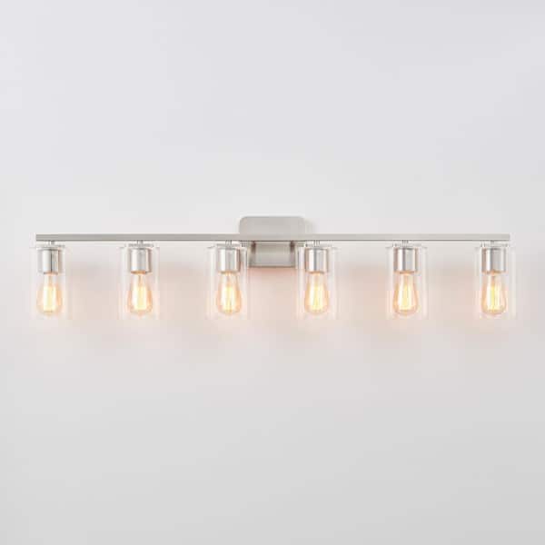 43.25 in. 6-Light Brushed Nickel Clemmon Vanity Light with Square Glass Shade