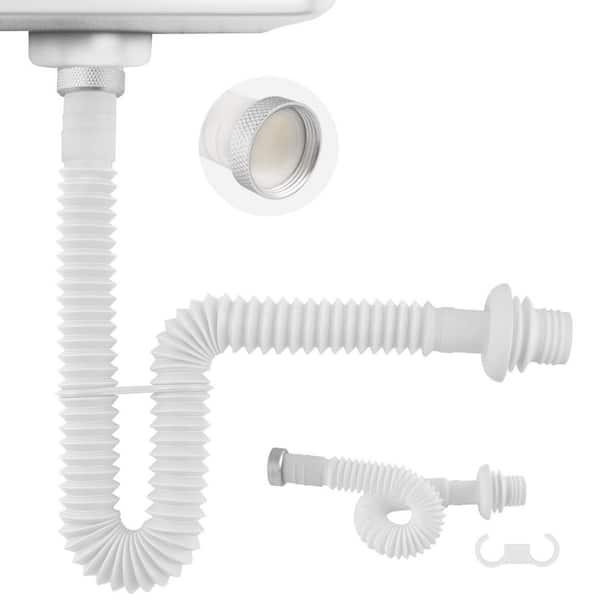Numhew White Sink Drain Pipe P-Trap, Expandable Flexible Sink Drain Hose 15 in. - 31.5 in. H x 1.5 in. W x 1.5 in. D
