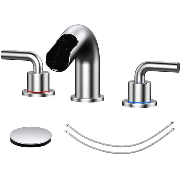 AKLFGN 8 in. Widespread Bathroom Faucet Double Handle 3 Hole Waterfall Bathroom Sink Faucet with Pop-Up Drain in Polish Chrome