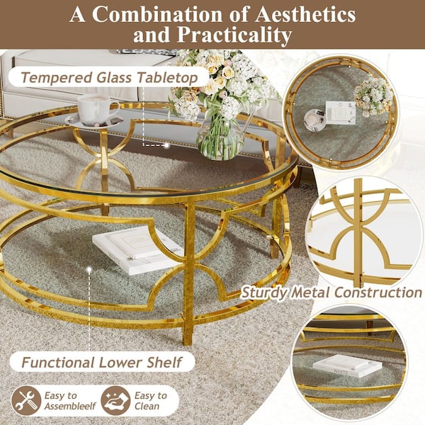 30.7 in. Round Clear Tempered Glass Top Coffee Table with Gold Geometric Metal Frame and Lower Shelf