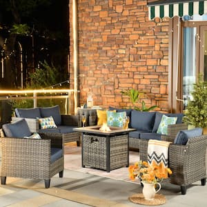 Mars Gray 5-Piece 7-Seat Wicker Patio Conversation Fire Pit Sofa Set with Denim Blue Cushions