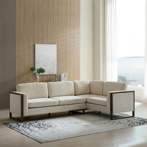 Lenvara Modern 104 in. Square Arm 2-Piece Polyester Fabric Upholstered L-Shaped Sectional Sofa in. Beige + Walnut Finish
