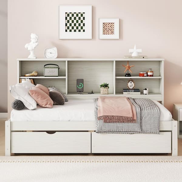 Cream White Wood Frame Twin Size Platform Bed with Drawers, Side Bookshelves and USB Port