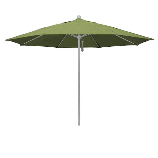 11 ft. Grey Woodgrain Aluminum Market Patio Umbrella with Fiberglass Ribs Pulley Lift in Spectrum Cilantro Sunbrella