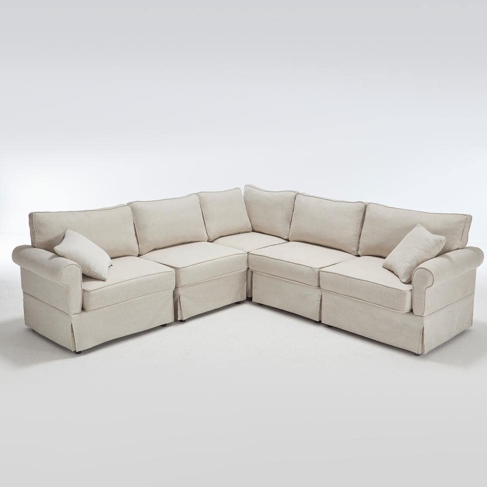Modular Sectional 94 in. Rolled Arms 5-piece Soft Linen Fabric L-Shaped with Storage Sectional Sofa in Beige