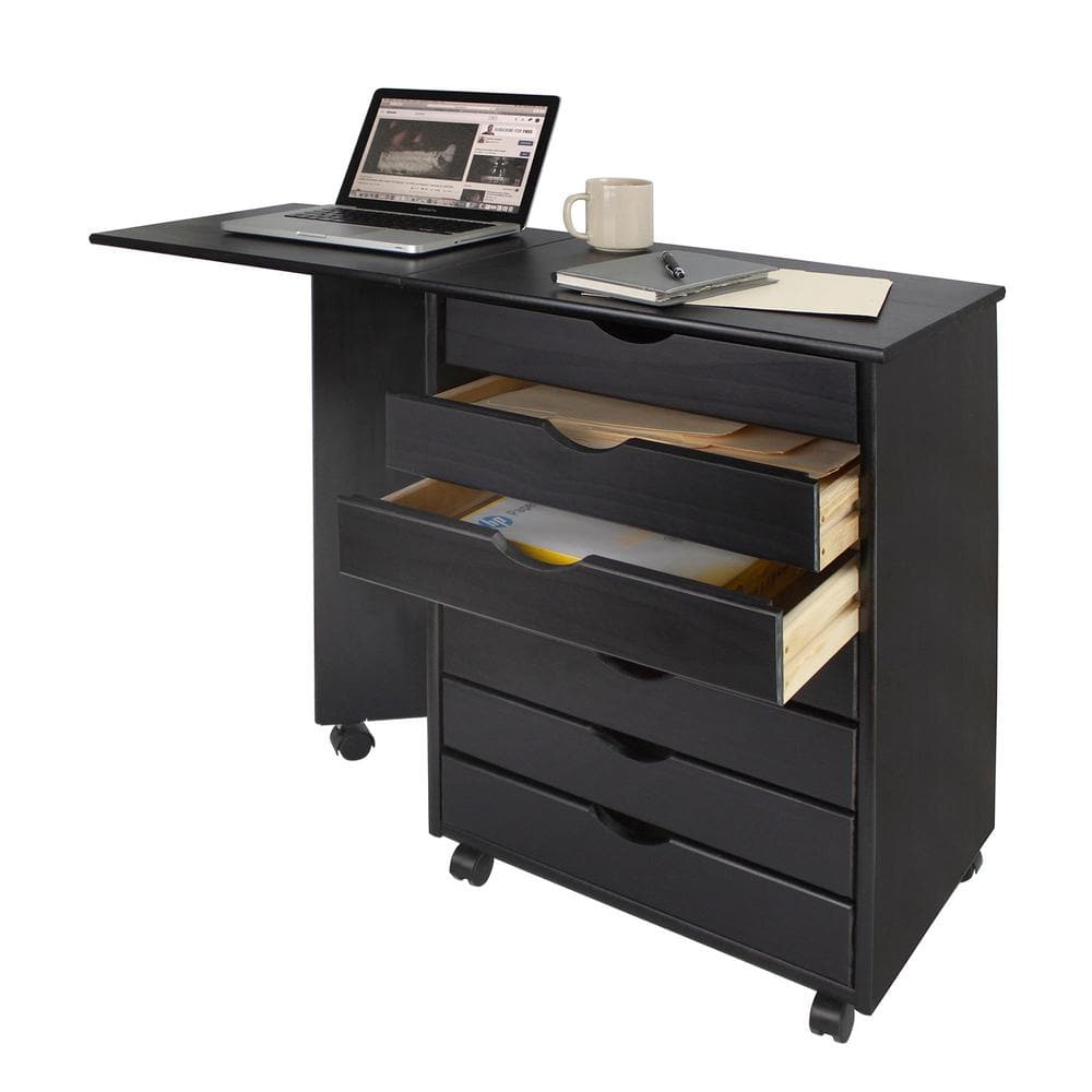 Black Solid Wood 7-Drawer Drop Leaf Roll Cart Desk