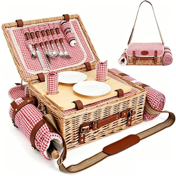 15.7 in Picnic Basket Set for 2 with Insulated Liner, Detachable Table, Gingham, 20-Piece