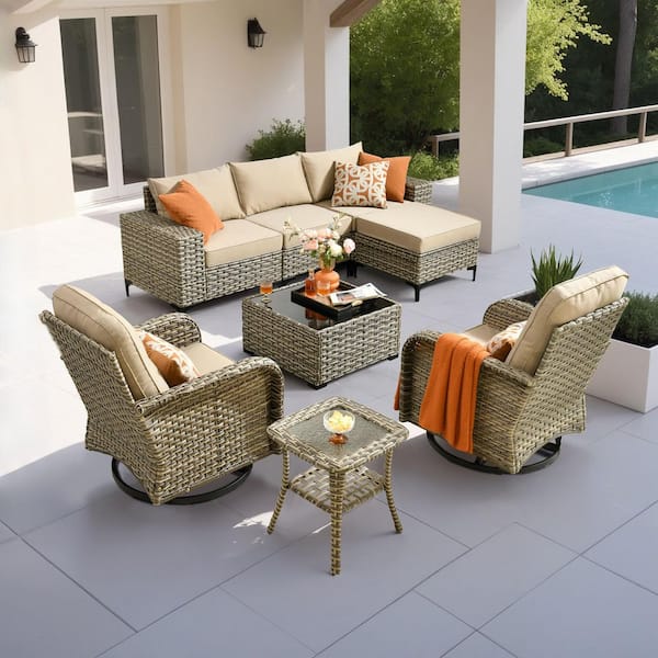 8-Piece Gray Wicker Outdoor Patio Conversation Seating Sofa Set with Beige Cushion and Swivel Chairs for Backyard