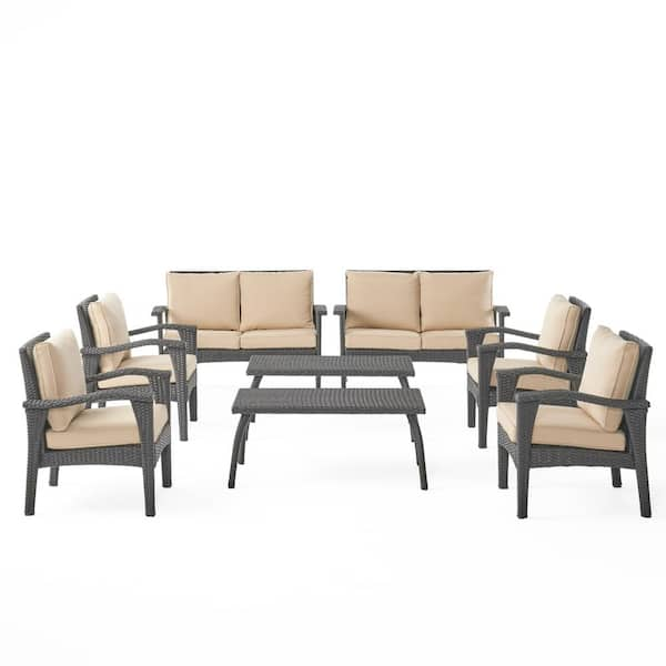 Noble House Atticus Brown 8-Piece Faux Rattan Outdoor Patio Conversation Set with Tan Cushions