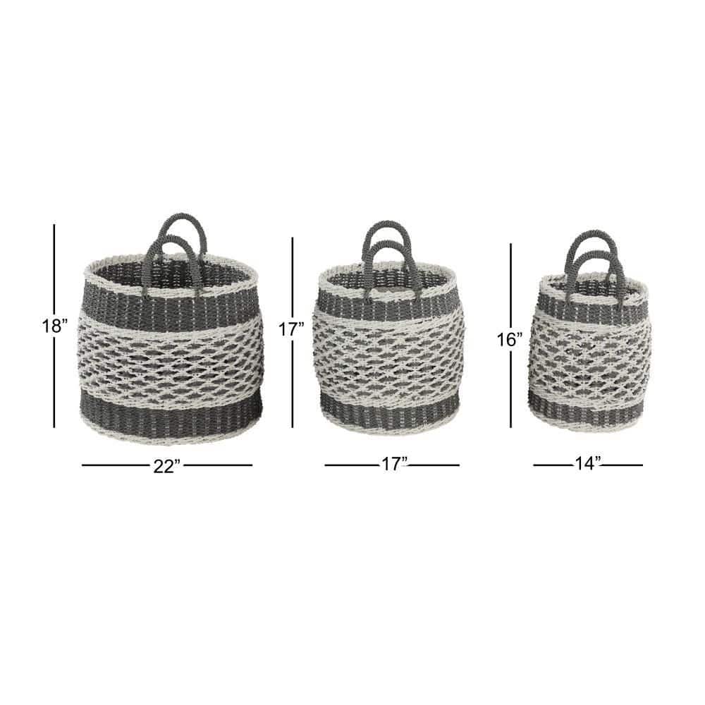 Gray and Beige Round Woven Plastic Storage Baskets, Set of 3