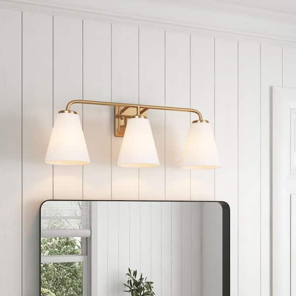 Modern 24.02 in. 3-Light Gold Bathroom Vanity Light Fixtures Over Mirror with Cone Frosted Glass