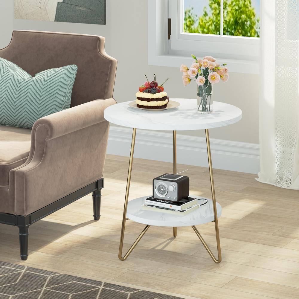 Kerlin 20 in. Rustic Brown Round Wood End Table with 2 Tier Storage Shelf Side Table, Nightstand Bedside Table - thumbnail 7