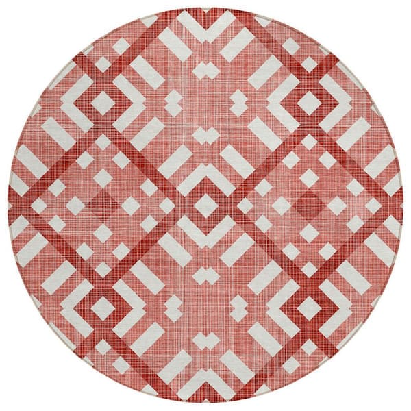 Red, Ivory 8 ft. Round Woven Geometric Polyester Round Indoor/Outdoor Area Rug