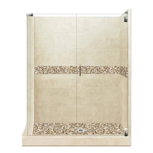 American Bath Factory Roma Grand Hinged 42 in. x 48 in. x 80 in. Right-Hand Corner Shower Kit in Brown Sugar and Satin Nickel Hardware