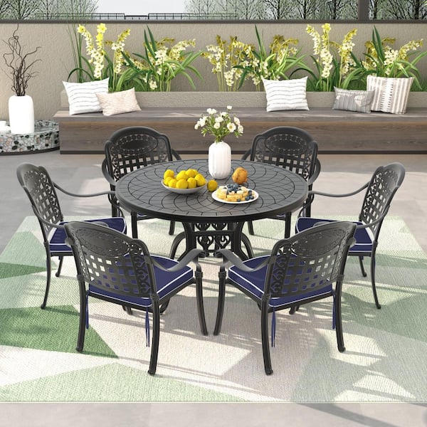 Isabella Black 7-Piece Cast Aluminum Outdoor Dining Set with Round Table and Dining Chairs and Random Color Seat Cushion