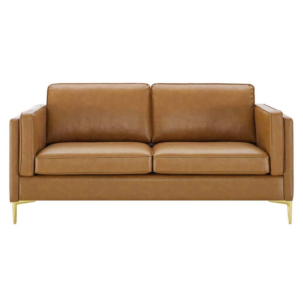 Kaiya Tan Faux Leather Sofa with Gold Metal Legs