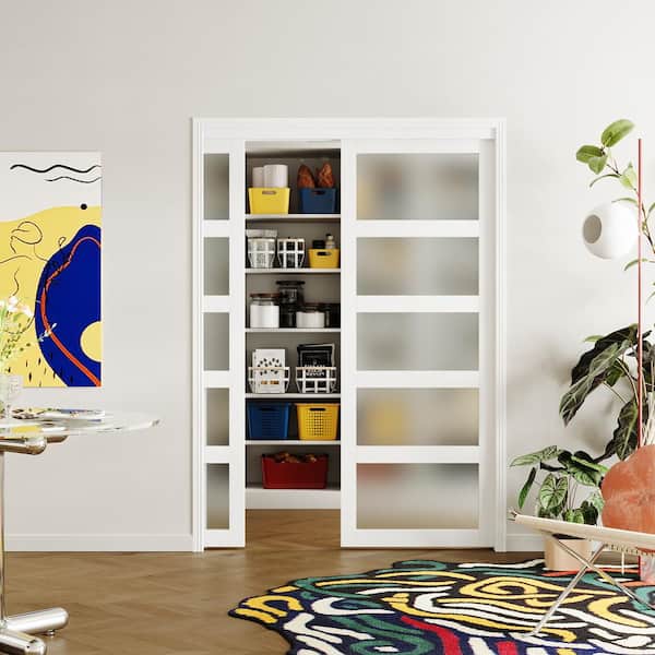64 in. x 80 in. (Double 32 in. Doors) 5 Panel Frosted Glass Painted, White MDF Wood Pocket Door Frame with All Hardware