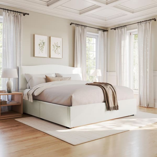 Nyla White Engineered Wood Frame King Upholstered Platform Bed w/ Curved Nailhead Headboard and Footboard Storage Drawer