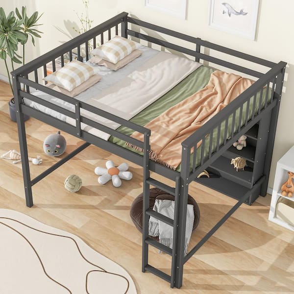 Nestfair Gray Full Size Wood Loft Bed with 8 Open Storage Shelves ...