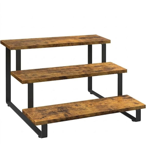 3-Tier Brown Wood Display Stand Brown Family Particle Board Cake Stand with Iron Frame for Countertop Retail Vendor