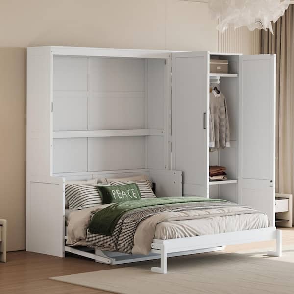 White Wood Frame Queen Size Murphy Bed Wall Bed with Closet and Shelves