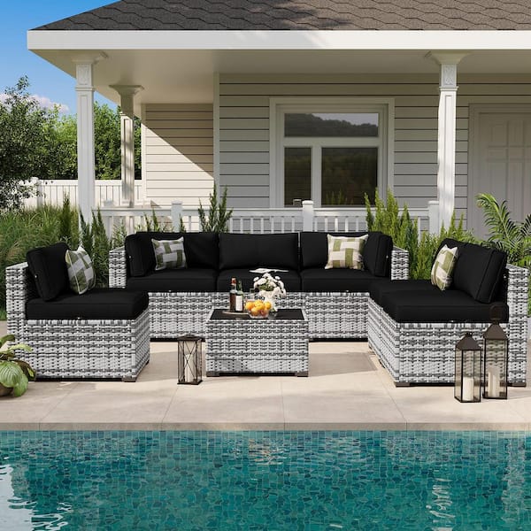 Sizzim Gray 7-Piece Wicker Rattan Outdoor Sectional Set with Gray Cushions, Coffee Table and Set Cover