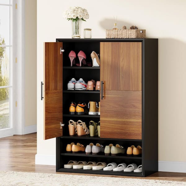 Lauren 43 in. H x 29 in. W Brown and Black Engineered Wood 6-Tie Shoe Storage Cabinet with Adjustable Shelves for Closet