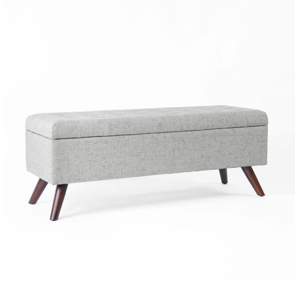 Benjara Eva Cloud Gray and Walnut Brown Fabric Rectangle Storage Ottoman