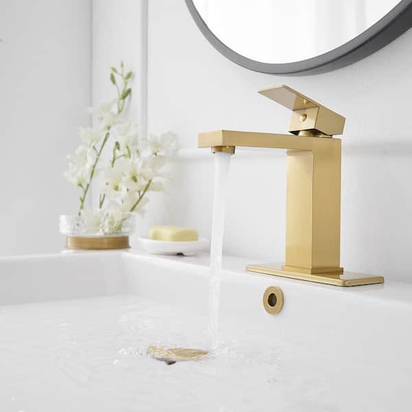 Single Handle Single Hole Bathroom Faucet with Deckplate Included and Drain Kit Included in Brushed Gold