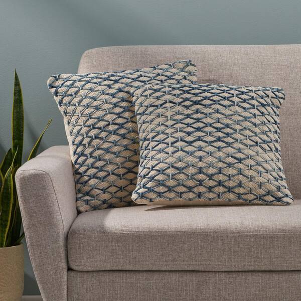Noble House Albany Blue and White Geometric Cotton 18 in. x 18 in. Throw Pillow (Set of 2)