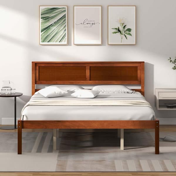 Brown Walnut Wood Frame Queen Size Platform Bed Frame with Headboard Mattress Foundation