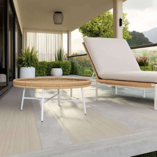 Maypex 29.9 in. Dia x 17.7 in. H Outdoor and Indoor Natural Wicker Round Coffee Table with Matte White Metal Legs