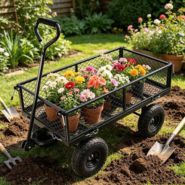3.5 cu. ft. Metal Garden Cart on Wheels 600 lbs Heavy Duty Tools Cart Utility Yard Wagon Cart for Outdoor Garden