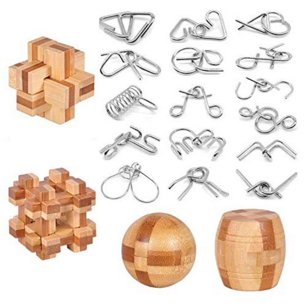 Angel Sar Brain Teaser Puzzle Set, Wooden and Metal Game for