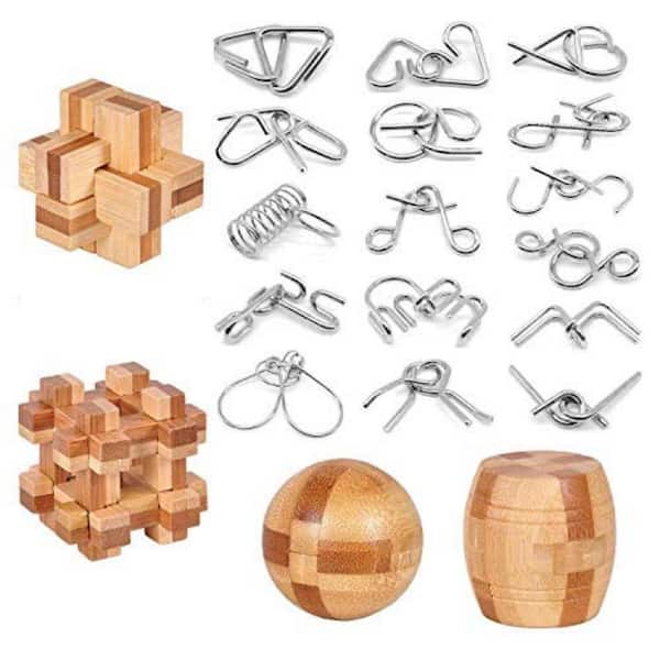 Brain Teaser Puzzle Set, Wooden and Metal Game for Adults, 20 Pcs Unlock Interlock IQ Test 3D Magic Ball