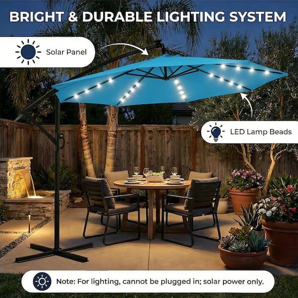 10 led patio offset umbrella WESTLAKE Ft Solar Cantilever w/ Included 4-Piece Base Weights, Gray solar LED umbrella Aok Garden 10 Ft Solar