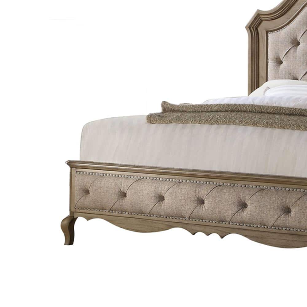 Elegant Beige Fabric Queen Bed with Tufted Nailhead Upholstery