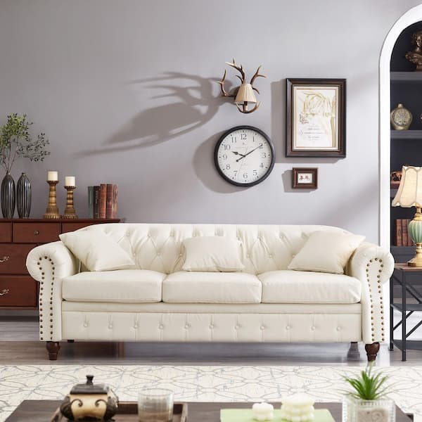 85.8 in. W Flared Arm Faux Leather Classic Curved Sofa in Ivory White, 3-Seater Sofa with Storage