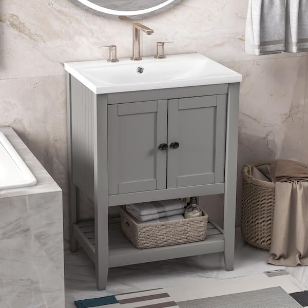Unbranded 24 in. W x 18. in D. x 34 in. H Bath Vanity in Gray with White Ceramic Top